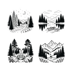 Fototapeta premium Hand-Drawn Wilderness Scenes: Forests, Mountains, Lakes, and Rivers