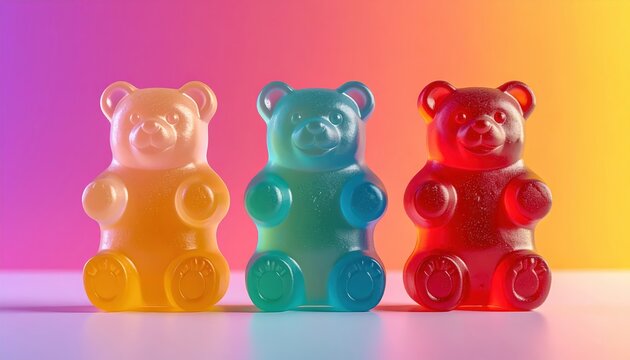 Three Gummy Bears in Ombre Gradient Colors Isolated on Transparent Background