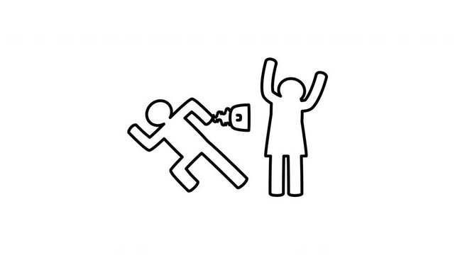 Minimalist outline animation of a male thief running and snatching a purse bag from a female victim drawing on and fading out. Features 3 color setups.