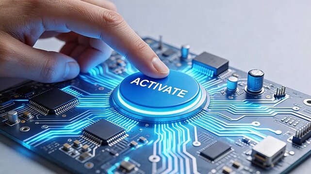 Hand pressing activate button on circuit board