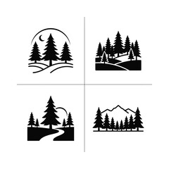 Obraz premium Vector Forest and Mountain Landscapes: Pine Trees, Moon, Hills, and Path