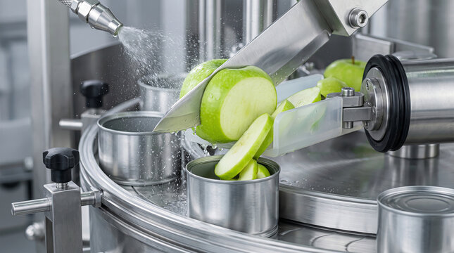 Automated stainless steel blade slicing crisp green apple fruit into uniform segments above metal packaging containers in a factory setting.