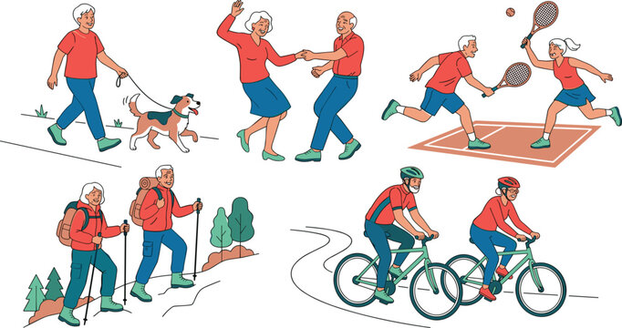Active senior couple lifestyle character set walking dog dancing playing tennis hiking and cycling isolated vector illustration elements.