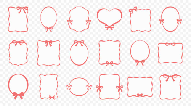 Decorative Red Bow Frame Set, Vector Illustration. Feminine Frame Collection with Oval, Round, Heart, Ornamental Label Shapes, Ribbon Bow Frames for Wedding Invitations, Cards, Branding
