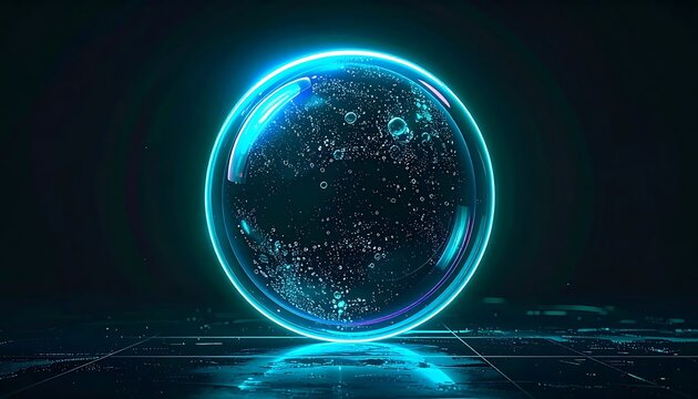 Blue glowing Earth floating in dark cosmic space.