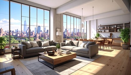 Obraz premium Modern Loft Apartment with City View, Living Room, Dining Area, and Natural Light