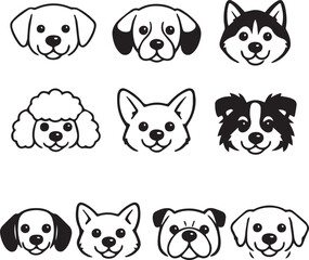 Fototapeta premium Web Dog Breed Face Icons Collection – Hand Drawn Cute Puppy Head Vector Set Isolated on White 
