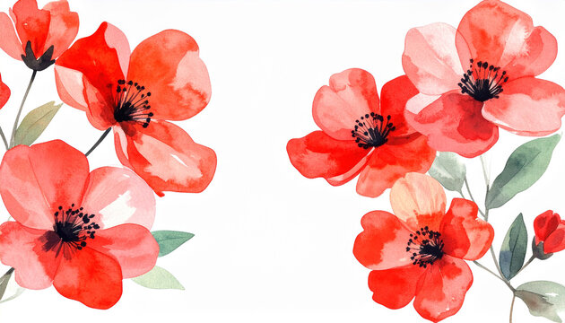 Hand-painted watercolor artwork of red summer blossoms, fresh and beautiful floral composition.