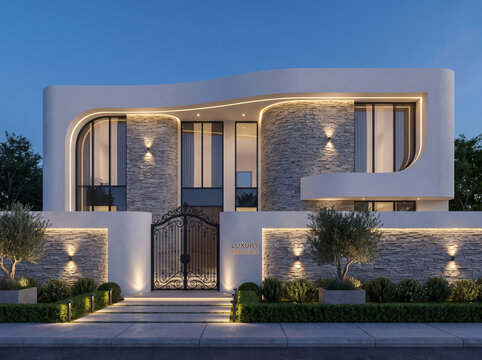 Luxury House Front Elevation
"Front elevation of a modern luxury duplex house with elegant curved architecture, white and gray color palette, decorative stone finish, black ornamental gate, large vert
