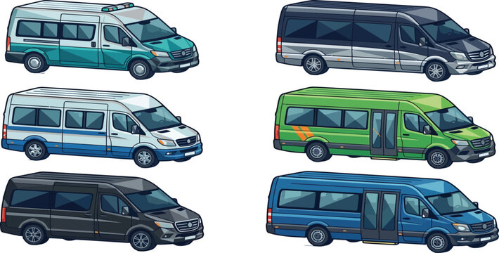 Set of six isometric passenger vans and minibuses for public transport, urban shuttle services, and fleet logistics.