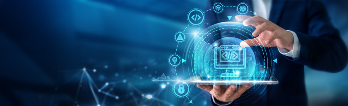 Web developer using tab analysing Web Development and frontend/backend coding systems, website performance optimization, user experience design and digital application building.