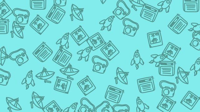 Patterned background with blue color rocket and satellite icons, suitable for digital designs, spacerelated projects, technology presentations, and science websites.
