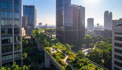 Obraz premium Modern urban cityscape with green park and skyscrapers.