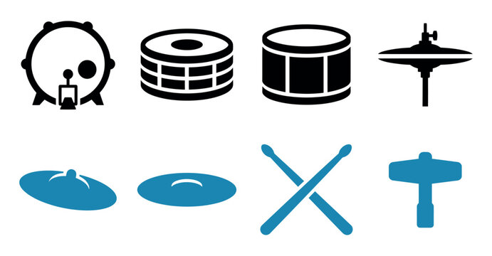 Set of musical drum kit icons featuring snare bass drum cymbals and drum sticks for rhythm percussion Vector, illustration