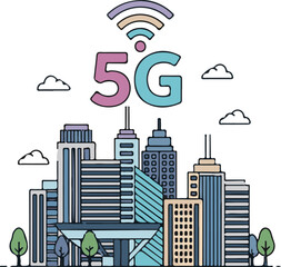 Obraz premium Vibrant cityscape with towering skyscrapers and trees, symbolizing rapid 5g wireless internet connectivity and modern urban development with a cheerful, bright color palette.