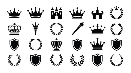 Elegant black and white royalty and regal symbols icon collection with showcases meticulously arranged grid high contrast minimalist style against clean white background © SabitaRani