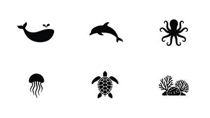 Stylish black and white marine life icon set featuring five ocean creatures in minimalist design with monochromatic icon grid five distinct underwater creatures octopus © SabitaRani