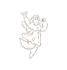 Fototapeta premium A dynamic outline of a joyful woman flying with morning coffee and a fresh pastry. For cafe menus, bakery branding, and cheerful lifestyle designs. A whimsical hand drawn vector illustration