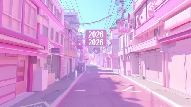 Futuristic Pink Urban Street with Overhead Sign Displaying 2026 in Bright Neon Colors