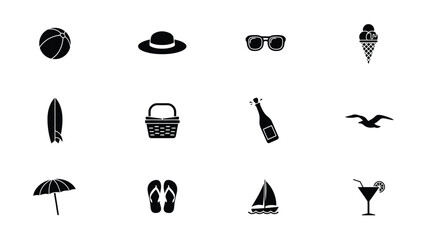 Minimalist black icons set featuring leisure and summer essentials in flat design style with showcases collection nine bold arranged neatly grid clean © SabitaRani
