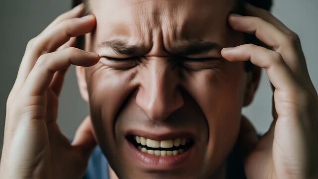 Intense Head Pain A close up portrait captures a man grimacing in severe pain hands clutching his temples as he suffers from a debilitating headache or migraine