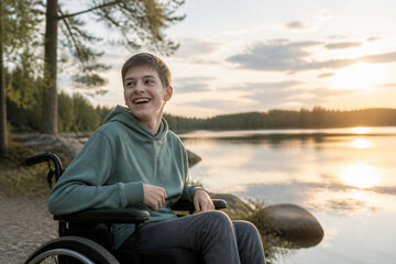 Fototapeta premium A young man in a wheelchair smiles while sitting by a calm lake at sunset.