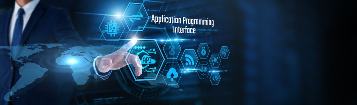 Businessman touch API, and integration data. Application programming interface, software connectivity solutions, cloud computing services, system integration technology, developer tools