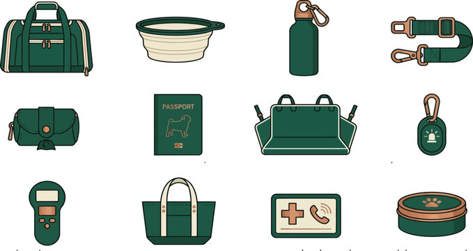 Set of twelve premium pet travel accessories and essential gear icons in a modern flat vector design style grid