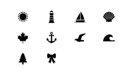 Obraz premium Minimalist black icons set featuring coastal nature and symbolic elements in flat design style with rendered bold black against stark white background high contrast modern appeal