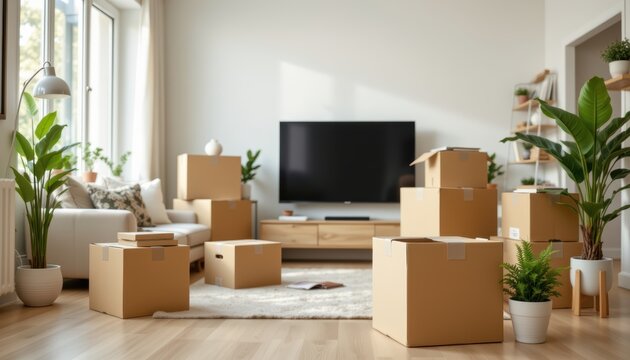 Living room filled with cardboard boxes and plants, ready for moving or unpacking.