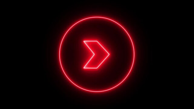 Red neon glowing arrow inside circle sign, pulsing light effect on black background alpha channel. direction symbol indicating back or previous page. simple red pointer showing opposite direction