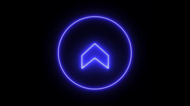 Neon blue glowing arrow inside circle ui animation on black background alpha channel. direction symbol indicating back or previous page. simple  pointer showing opposite direction