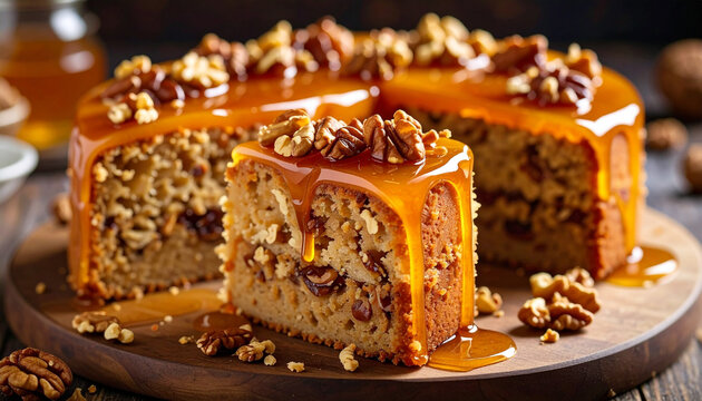 Honey walnut cake with crushed walnuts embedded in glossy honey glaze macro detail