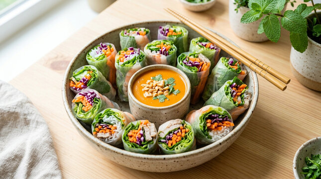 Fresh spring rolls with shrimp vegetables and spicy peanut dipping sauce served in a ceramic bowl on wooden table