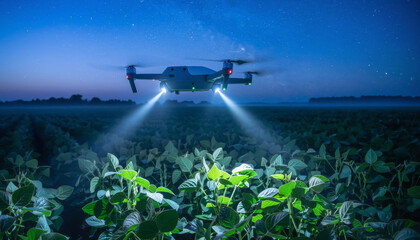 Fototapeta premium Drone illuminating soybean field in twilight