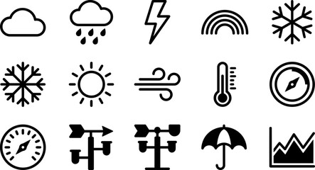 Obraz premium Set of minimalist black weather icons for meteorological design.