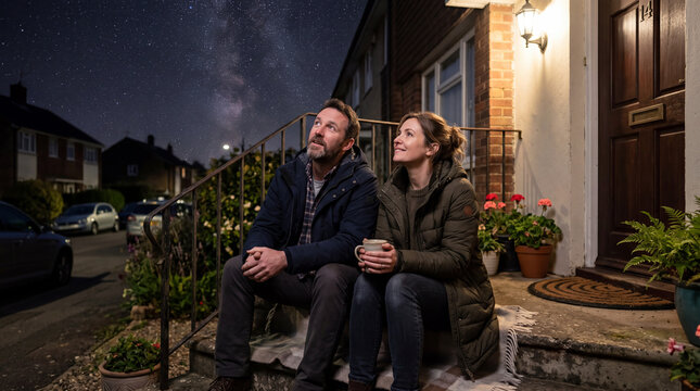  Late Night Talk on the Doorstep: Two neighbours, a man and a woman, sitting side by side on the steps of a plain house entrance, wrapped in jackets, looking up at the stars, talking softly, quiet com