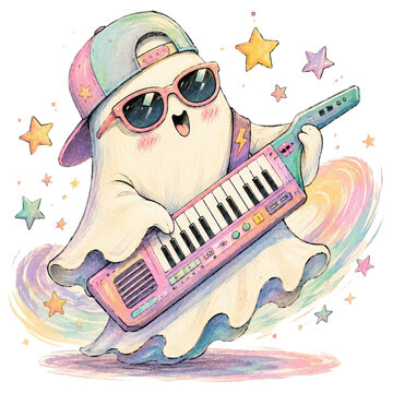 A cute, cartoonish ghost musician, sporting a backwards baseball cap, sunglasses, and playing a pink keytar, dances amidst colorful stars and swirling rainbow patterns.