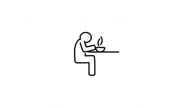 Minimalist outline animation of an office employee sitting and eating alone at a desk drawing on and fading out. Features a clean pop up style in 3 color setups.