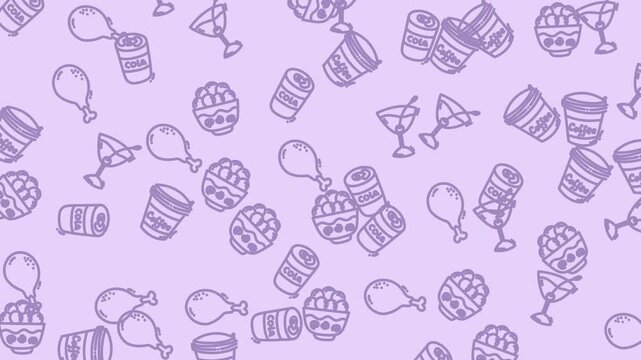 Purple pattern background with chicken drumsticks, cocktails, dessert bowls, soda cans icons repeated. Perfect for food and drinkrelated designs.