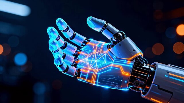 Futuristic robotic hand with glowing circuits