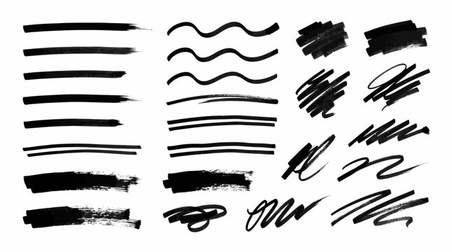 Minimalist handdrawn marker pen stroke and underline collection with vibrant highlight accents and scribble decorative elements for graphic design projects isolated on a clean white background
