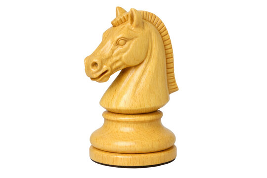 Vintage wooden knight chess piece, carved light brown chess knight figurine, classic board game strategy concept isolated PNG with Transparent Background