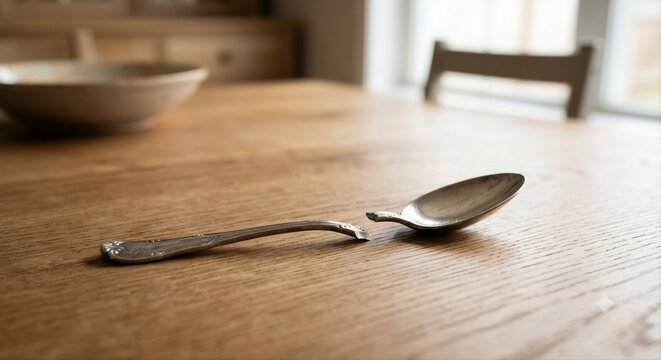 Broken Vintage Silver Spoon on Wooden Table