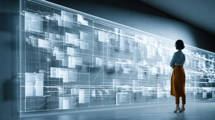 A woman watches a large wall that displays autonomously moving task cards and data nodes in a corporate environment with cool lighting. © Anat art