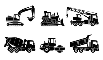 Construction Heavy Equipment Silhouette Icon Set Featuring Excavator, Bulldozer, Mobile Crane, Concrete Mixer, Road Roller, and Dump Truck Vehicles © MstMukta