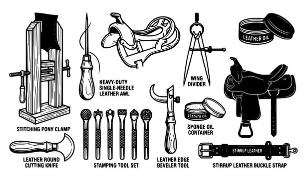 Leather Craft Tools and Horse Tack Equipment Set. Stitching Pony Clamp, Leather Awl, Wing Divider, Edge Beveler, Saddle, Stamping Tools and Stirrup Strap Vector Illustration
