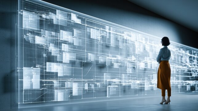 A woman watches a large wall that displays autonomously moving task cards and data nodes in a corporate environment with cool lighting.