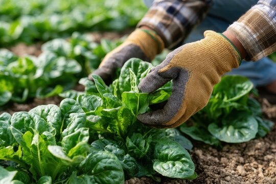 Farmer harvesting fresh organic spinach leaves in a rural field with sharp focus macro photography for agricultural marketing