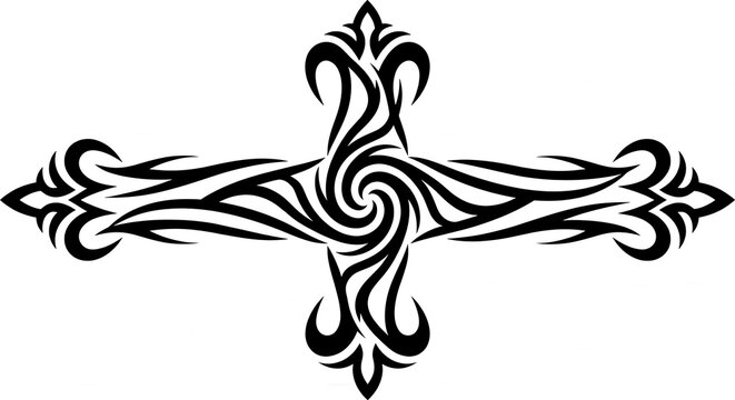 Tribal cross tattoo vector. Ornate gothic celtic crucifix with swirling center in black and white silhouette style, ideal for religious or dark design.